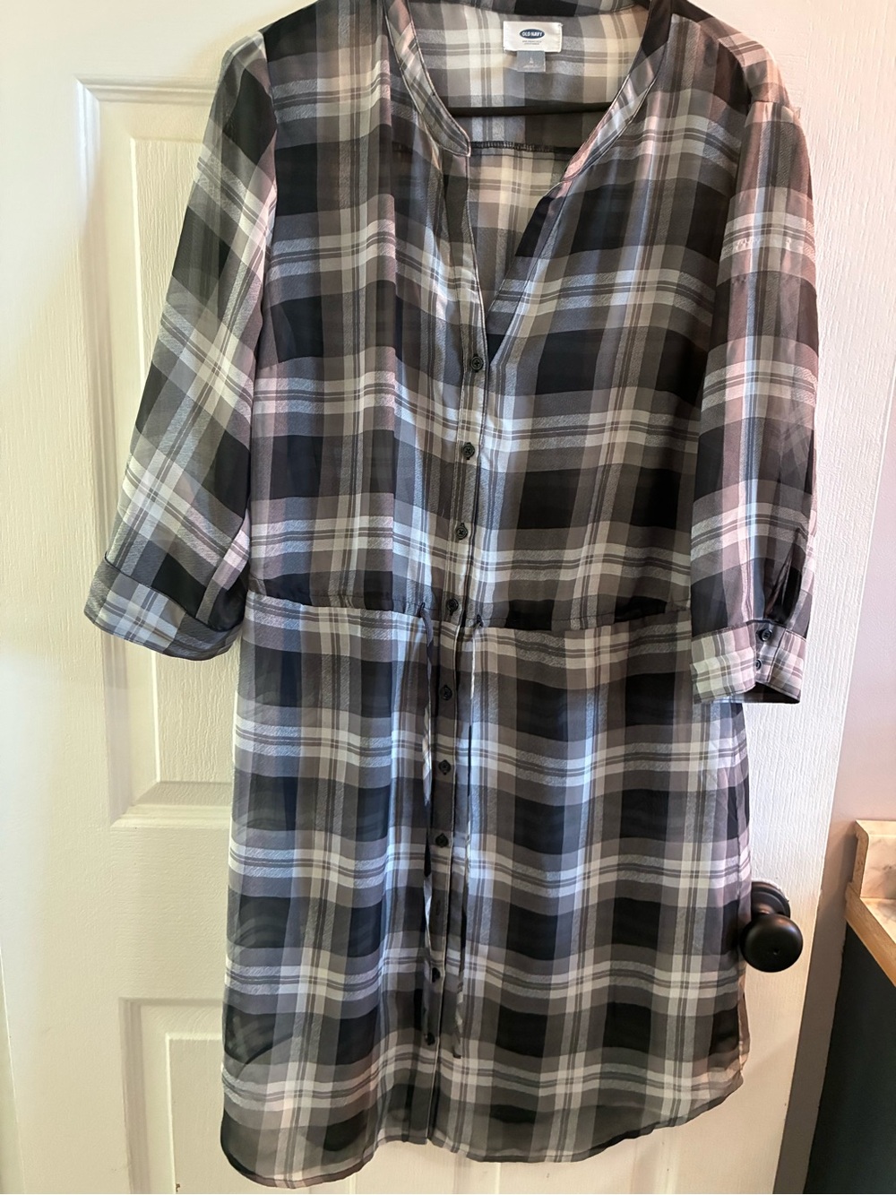 Old Navy Plaid Shirt Dress Large Gray Black Tie Waist Button Front